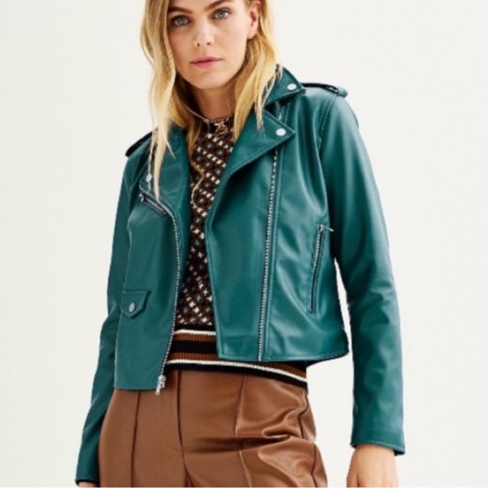 Nine West Women Large Faux Leather Jacket Green